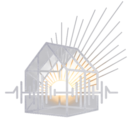 Glass House Mastering emblem: a glasshouse with a sound wave passing through